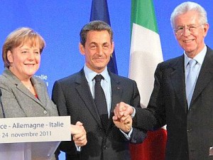 Monti, Merkel e Sarkozy d'accordo: difendere euro è priorità